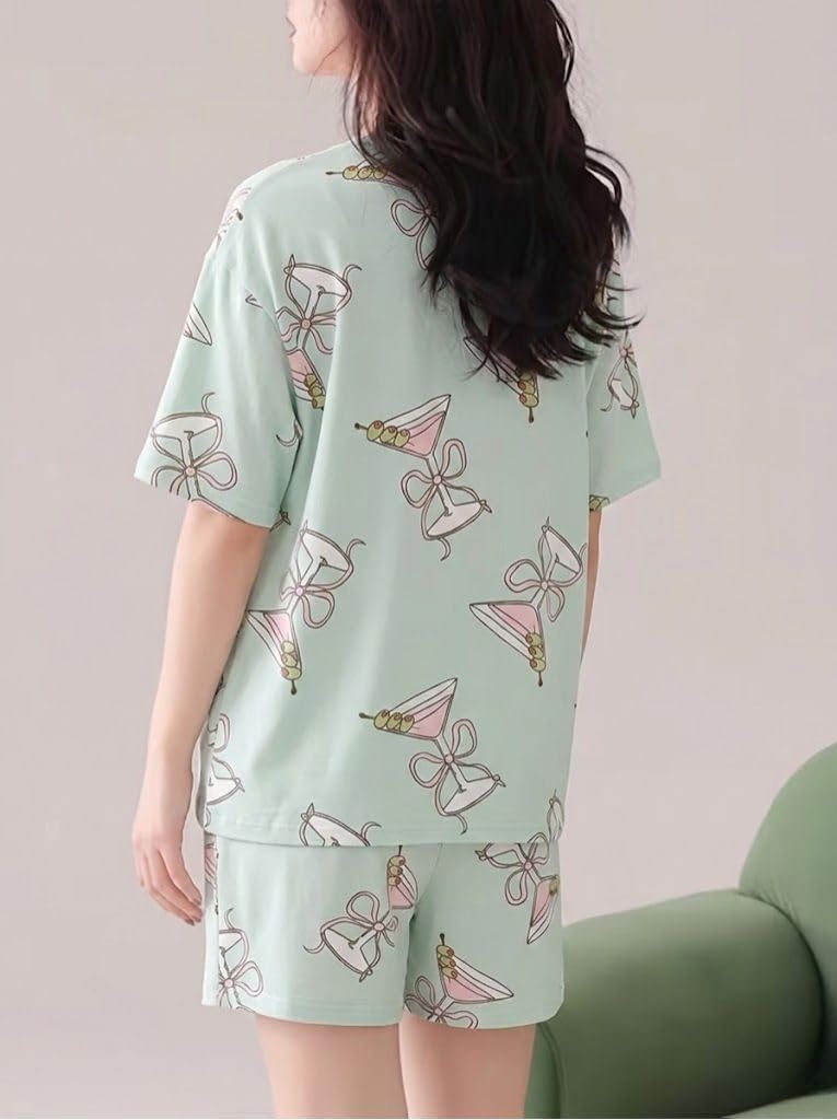 SMOWKLY Korean Night Dress || Shorts Set ||Korean Nightsuit || Women Nightwear ||Round Neck Half Sleeve Nightsuit || Loungewear || Everyday Nightdress(1669_PST_L - Image 3