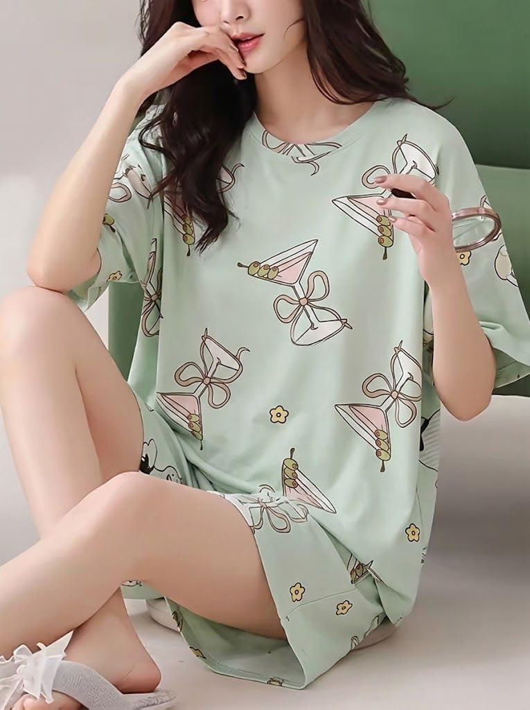 SMOWKLY Korean Night Dress || Shorts Set ||Korean Nightsuit || Women Nightwear ||Round Neck Half Sleeve Nightsuit || Loungewear || Everyday Nightdress(1669_PST_L - Image 2