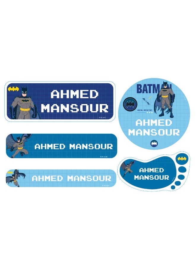 Essmak Batman Personalized Waterproof Name Labels for Kids – Set of 74 Custom Stickers for School Supplies, Lunch Boxes, Clothes and Toys  - Image 1