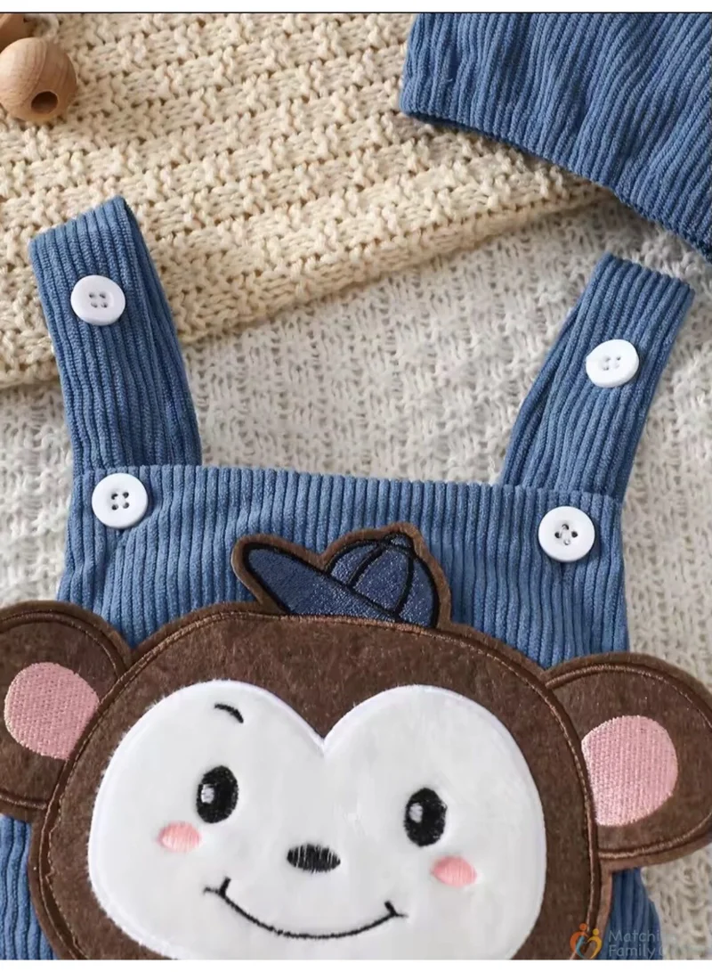 Matching Family Outfits  Baby Romper with Cap for Boys & Girls | Cute Monkey Design Dungaree Style Bodysuit | Soft Ribbed Cotton Blend Sleeveless Infant Outfit | Comfortable Snap Closure Summer Wear Blue  | Best Price UAE