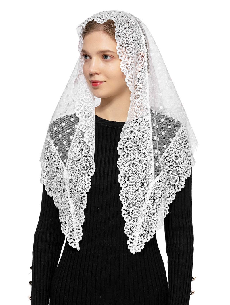 Wgior Triangle Vintage Inspired Lace Chapel Veils Catholic Mass Head Covering Scarf Mantilla Veils for Church (White) - Image 1