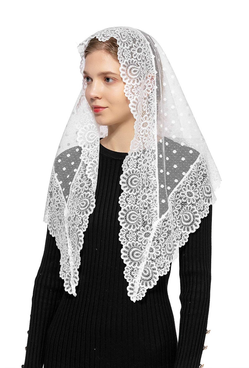 Wgior Triangle Vintage Inspired Lace Chapel Veils Catholic Mass Head Covering Scarf Mantilla Veils for Church (White) - Image 3