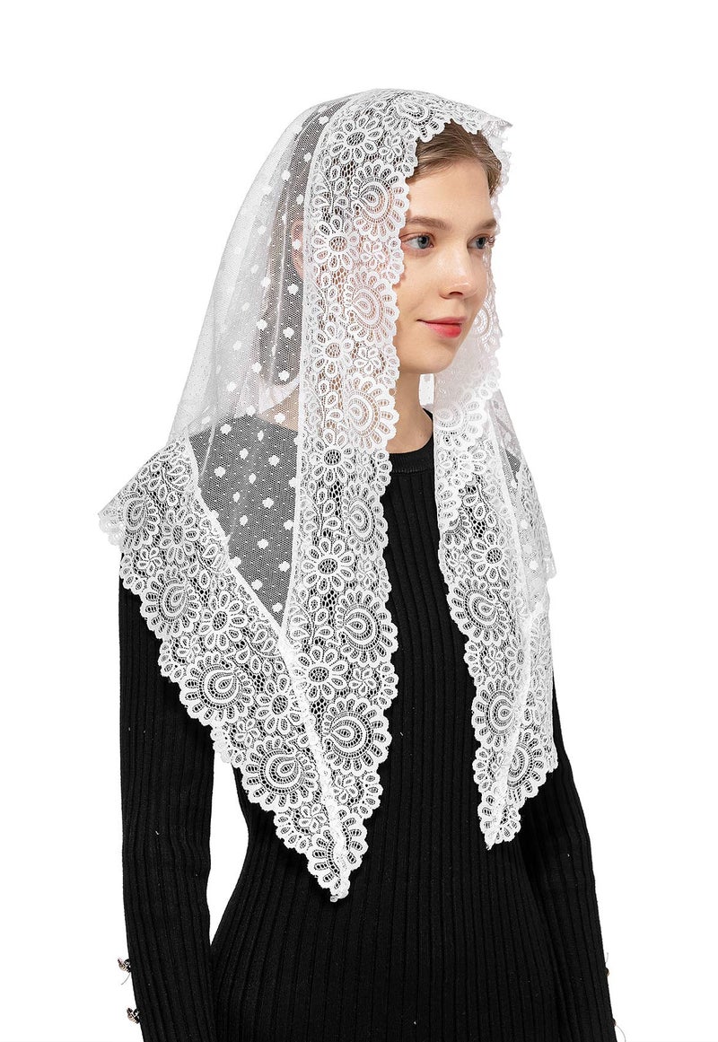 Wgior Triangle Vintage Inspired Lace Chapel Veils Catholic Mass Head Covering Scarf Mantilla Veils for Church (White) - Image 2
