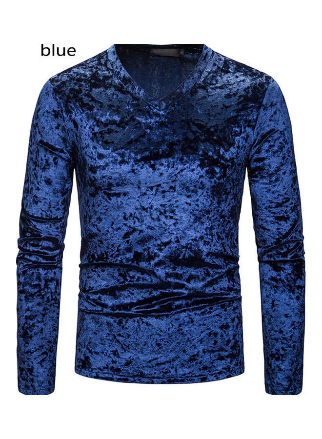 NIBEMINENT Plush Surface V Collar Long Sleeve Slim Shirt blue - Image 1
