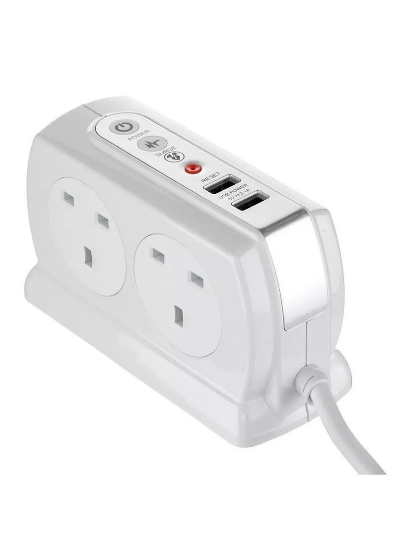 MASTERPLUG High Gloss 4 Compact Back To Back Socket 4 Meter With 2 USB Ports And Overload Switch Surge Protection, White - Image 1