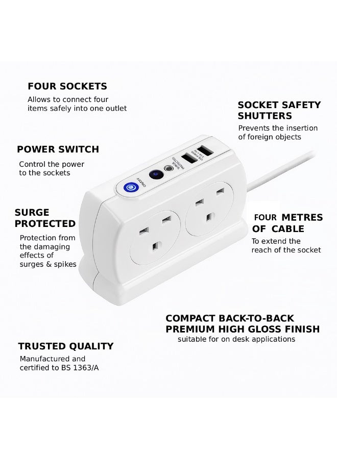 MASTERPLUG High Gloss 4 Compact Back To Back Socket 4 Meter With 2 USB Ports And Overload Switch Surge Protection, White - Image 5