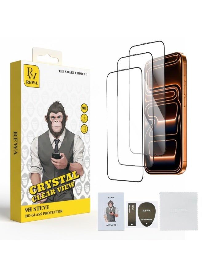 REWA Crystal Clear View 9H Steve Tempered Glass Screen Protector for iPhone 17 Pro – 3 Pack, Triple Protection, Long-Lasting, Ultra-Thin, Scratch Resistant, Anti-Fingerprint, HD Clarity, Bubble-Free Installation