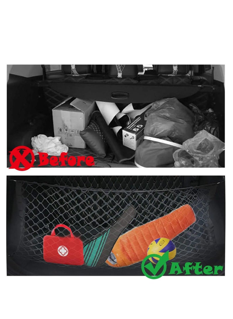 KASTWAVE - Rear Cargo Net Stretchable, Universal Adjustable Elastic Trunk Cargo Storage Organizer Compatible for SUVs, Cars and Truck, Double-Layer Storage Nylon Mesh with Hooks - Image 1
