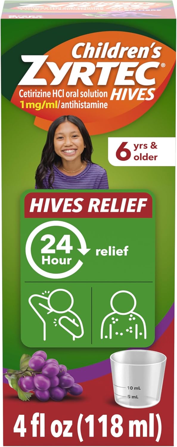 ZYRTEC زيرتيك للأطفال دواء تخفيف الحكة لمدة 24 ساعة سيتيريزين هيدروكلوريد محلول فموي بنكهة العنب 5 ملغ 5 مل خالي من الأصباغ خالي من السكر مخفف للحكة والطفح الجلدي للأطفال زجاجة 4 أونصات سائلة - Image 1