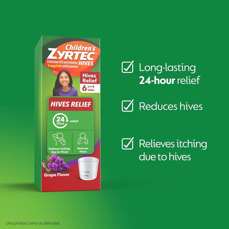 ZYRTEC زيرتيك للأطفال دواء تخفيف الحكة لمدة 24 ساعة سيتيريزين هيدروكلوريد محلول فموي بنكهة العنب 5 ملغ 5 مل خالي من الأصباغ خالي من السكر مخفف للحكة والطفح الجلدي للأطفال زجاجة 4 أونصات سائلة - Image 4