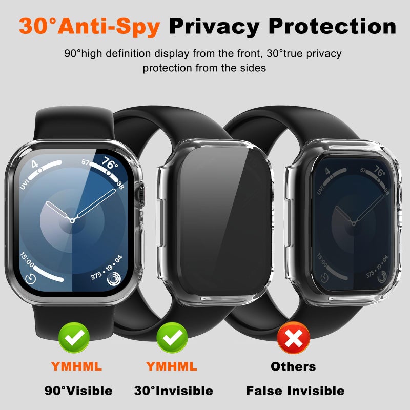 YMHML [2 Pack] YMHML Privacy Case for Apple Watch Series 9 Screen Protector 41mm, Anti Spy Tempered Glass Film Hard PC Bumper Anti-Peeping Full Protective Cover for iWatch 9/8/7 41mm Accessories, Clear - Image 2