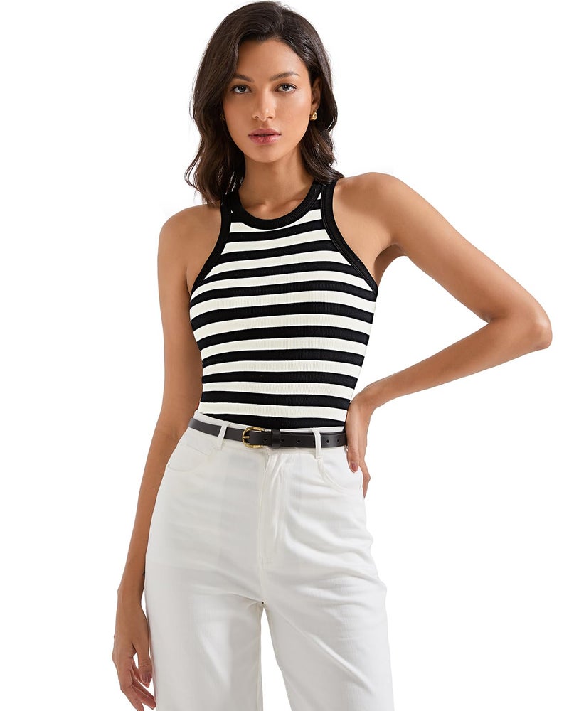 SUUKSESS Women Padded Cotton Ribbed Tank Tops 2025 Sleeveless High Neck Racerback Basic Tops(Black White Stripe, M) - Image 1