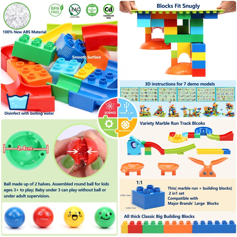 COUOMOXA Marble Run Building Blocks: Compatible Classic Large Blocks Maze Track Sets - Big Blocks Educational STEM for Toddlers - Birthday Toys Gifts for 2 3 4 5 6 7 8 Year Old Boys & Girls - Image 2