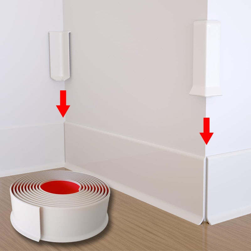 COUKIU Self Adhesive Baseboard Corner Blocks, 4inch(Width)3 Inside + 3 Outside Corners-Connector Between The Wall Base Cove Base Rubber Moulding Trim, Perfect Match for Our S100 Baseboard(White) - Image 4