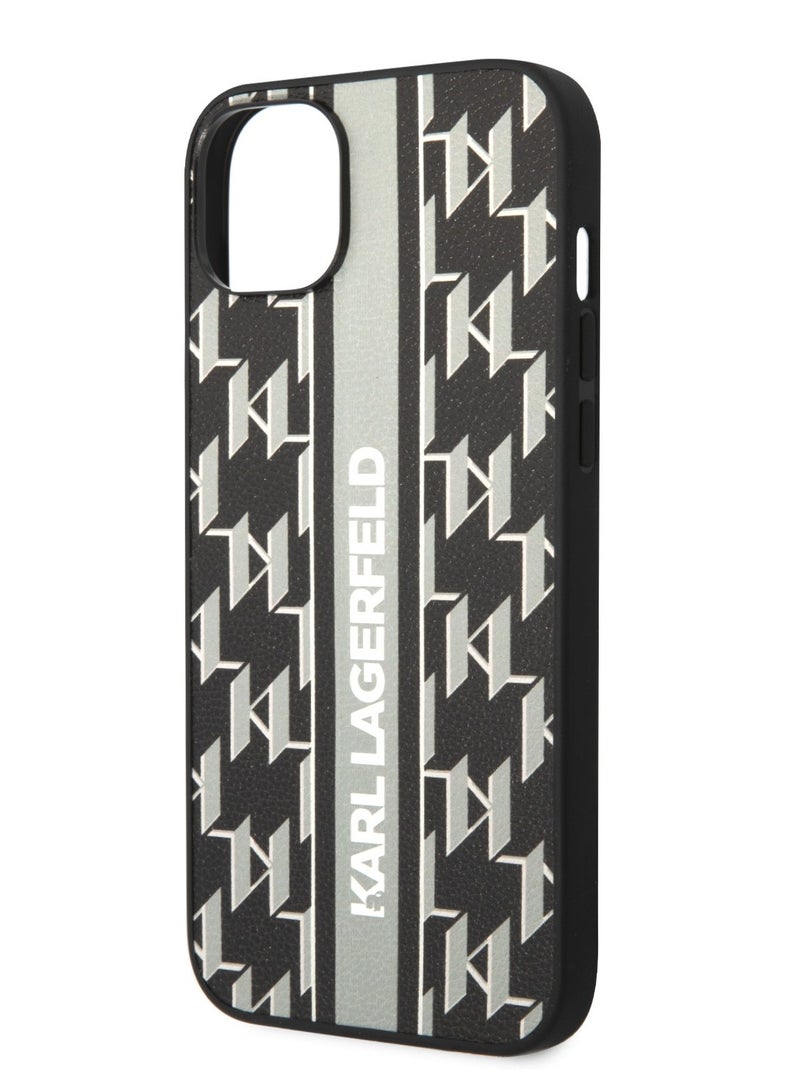 Karl Lagerfeld iPhone 14 Case Grained PU Leather Back Cover with Monogram Pattern & Vertical Logo Strip - Grey - Image 1