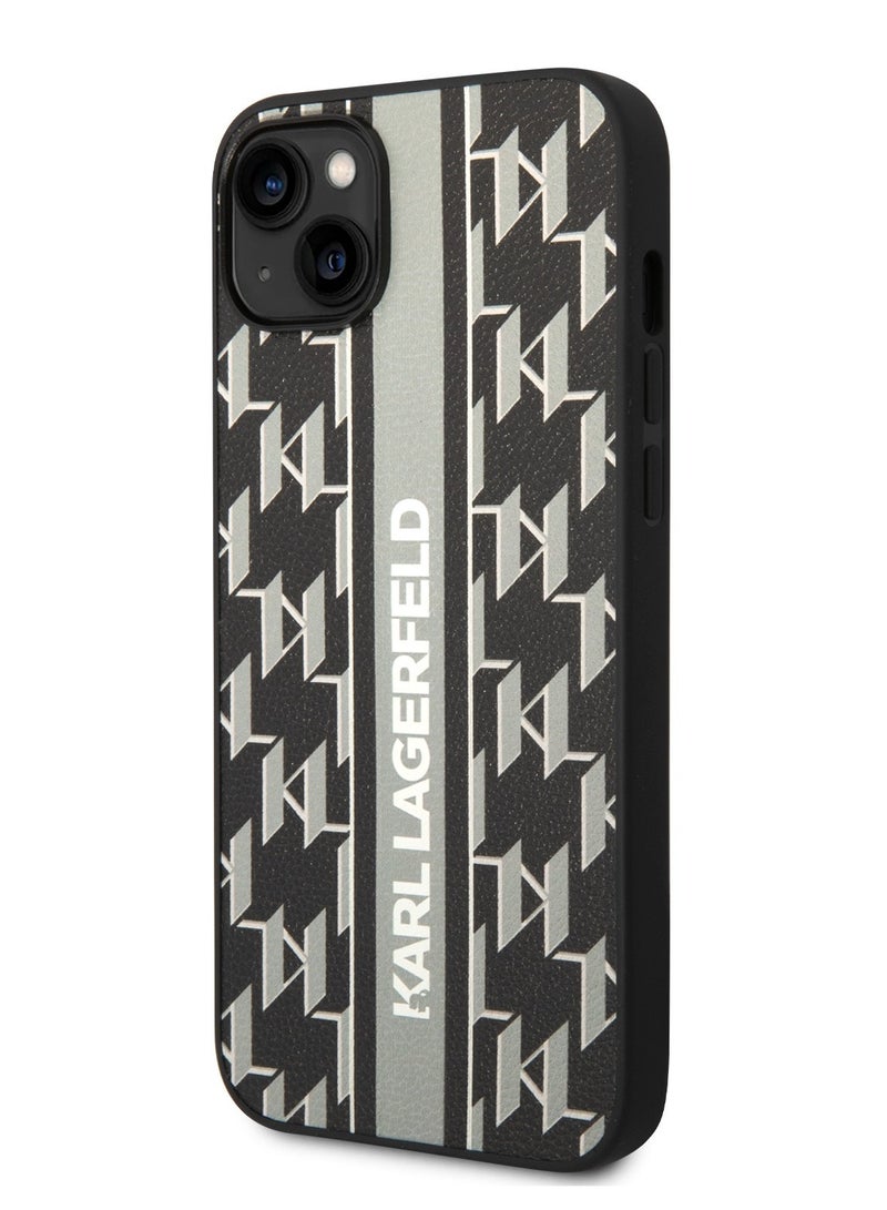 Karl Lagerfeld iPhone 14 Case Grained PU Leather Back Cover with Monogram Pattern & Vertical Logo Strip - Grey - Image 2