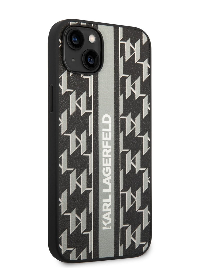 Karl Lagerfeld iPhone 14 Case Grained PU Leather Back Cover with Monogram Pattern & Vertical Logo Strip - Grey - Image 5