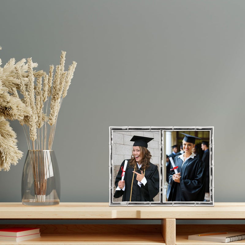 Lawrence Frames 4x6 Double Silver Metal Picture Frame with Bamboo Design - Image 3