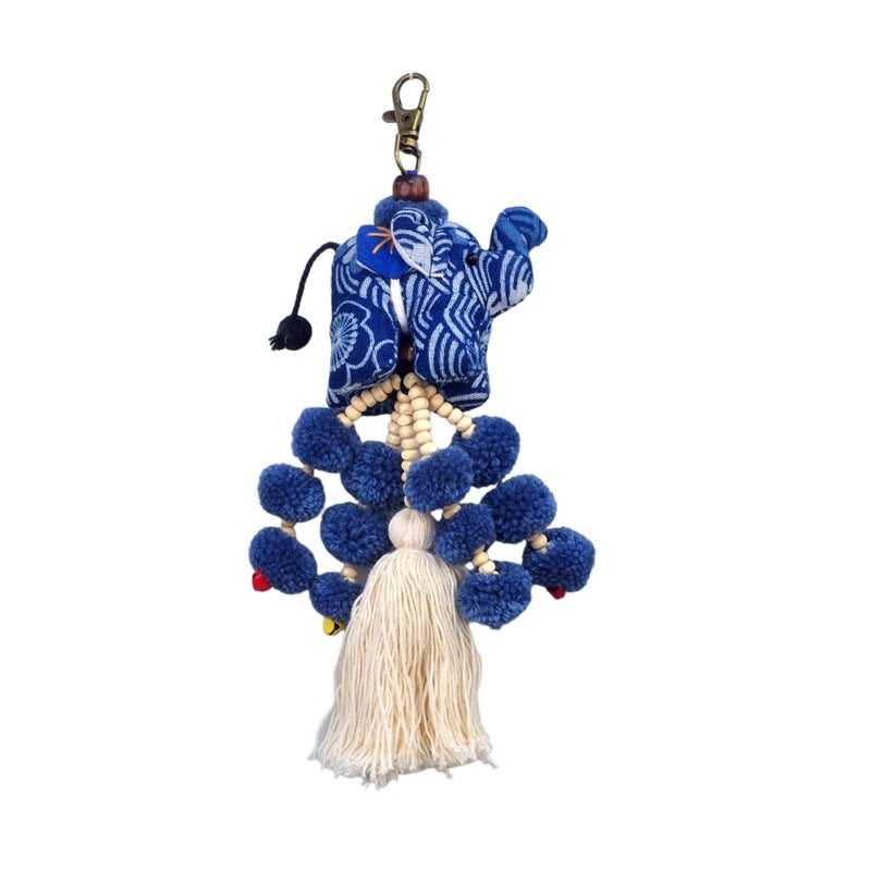 Thai Tie-Dye Elephant Fabric Keychain Ethnic Tassel Bag Charm - Image 1