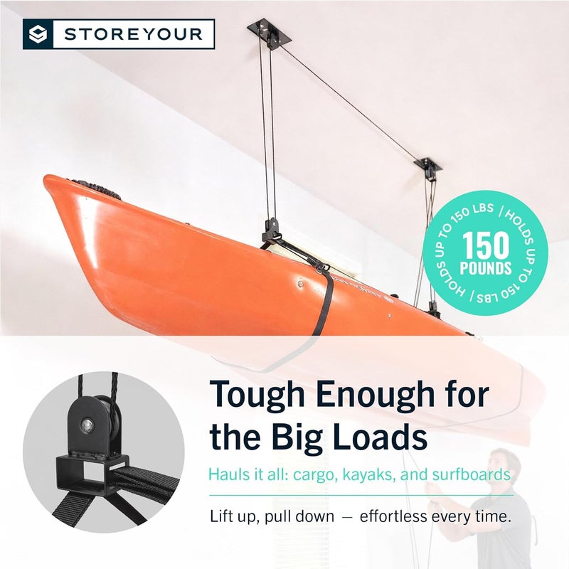 ستور يور بورد نظام بكرة السقف لتخزين قوارب الكاياك والكانو من StoreYourBoard، رافعة تخزين مثبتة في المرآب، حمولة ثقيلة تصل إلى 150 رطلاً، منظم داخلي - Image 5