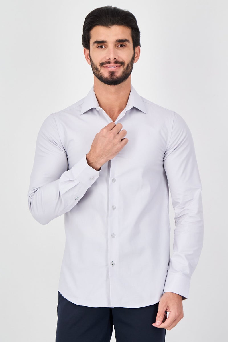 Eddie Bauer قميص رسمي بأكمام طويلة ضيق للرجال، رمادي فاتح - Image 1