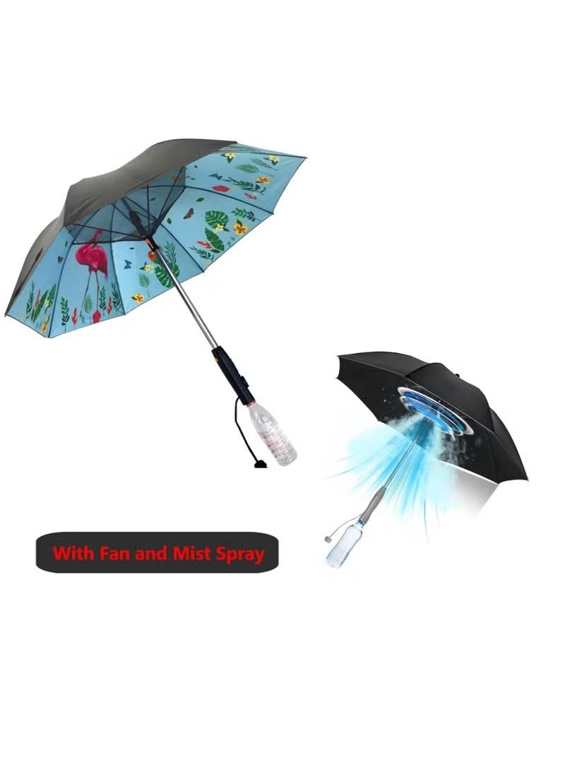 Generic Uv Umbrellas for Sun Protection with Fan and Mist Spray,Cooling Umbrella with Fan,Rechargeable Summer Umbrella for Sun or Rain,Air conditioning umbrella USB charging 3 in 1 cooling umbrella with long battery life, a must-have for outdoor travel, black surface and white Flamingo layer  - Image 1