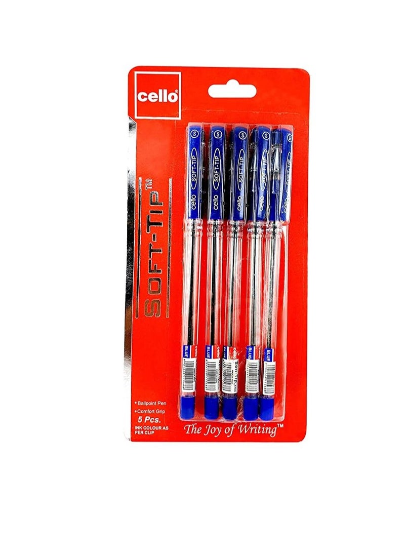Cello CELLO SOFT TIP BALL PEN 0.7MM BLISTER OF 5PC BLUE, SOFT7 5B  - Image 1