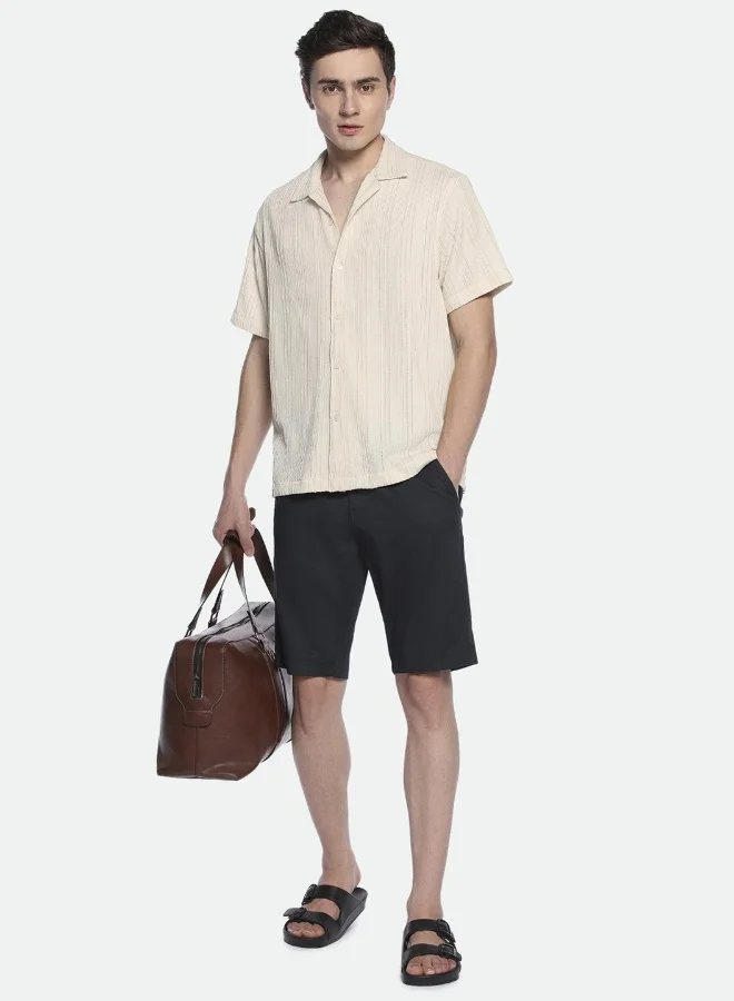 Dennis Lingo Relaxed Fit Beige Shirt For Men Lycra Seer Sucker Fabric Striped Pattern Cuban Collar Half