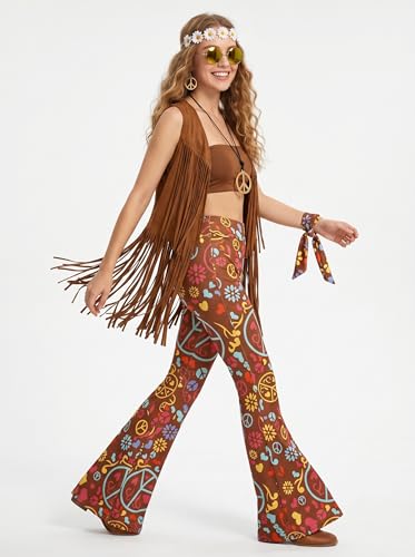 CICOCI 60s 70s Outfit For Women Hippie Costume 8pcs Fringe Vest Flared Pants Costume Peace Sign Necklace Earrings - Image 3