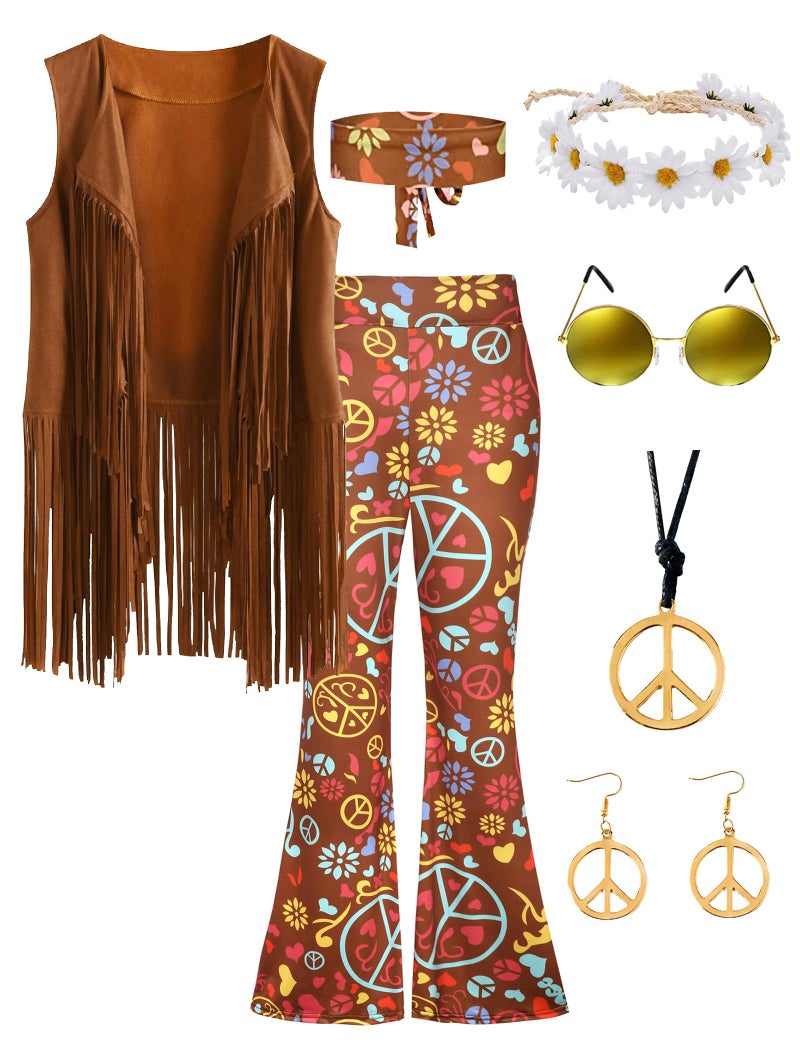 CICOCI 60s 70s Outfit For Women Hippie Costume 8pcs Fringe Vest Flared Pants Costume Peace Sign Necklace Earrings - Image 2