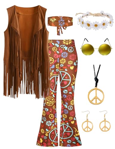 CICOCI 60s 70s Outfit For Women Hippie Costume 8pcs Fringe Vest Flared Pants Costume Peace Sign Necklace Earrings - Image 1