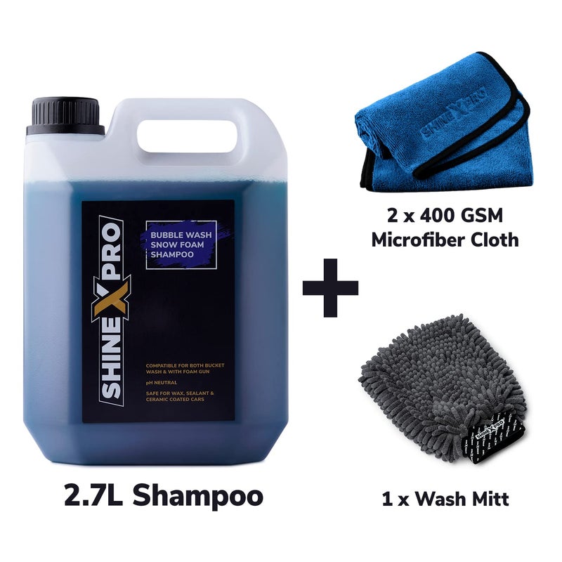 ShineXPro 2.7 Ltr Foam Car Wash Shampoo With 2Pcs 400GSM Microfiber Cloth & Wash Mitt - Thick Foam With Shine Enhancing Formula - Image 2