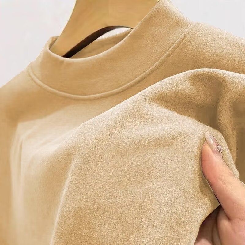 Thickened Warm Semi-high Collar Base Shirt Mens Autumn and Winter Double-sided Brushed Solid Color Fleece Long-sleeved T-shirt with Sweater Fashion Brown - Image 2