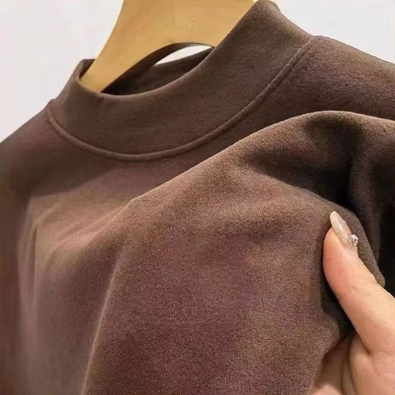 Thickened Warm Semi-high Collar Base Shirt Mens Autumn and Winter Double-sided Brushed Solid Color Fleece Long-sleeved T-shirt with Sweater Fashion Brown - Image 1