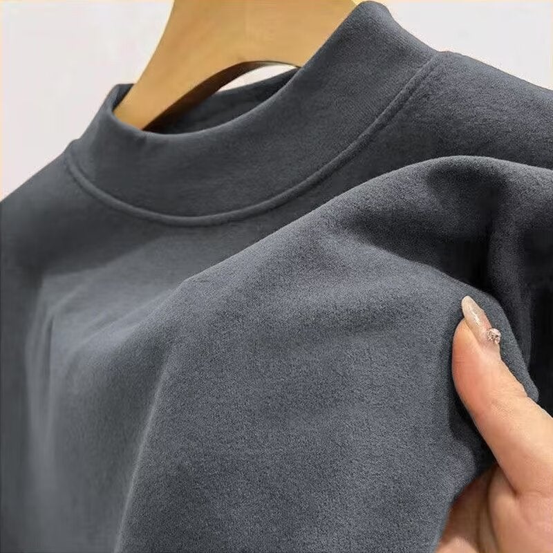 Thickened Warm Semi-high Collar Base Shirt Mens Autumn and Winter Double-sided Brushed Solid Color Fleece Long-sleeved T-shirt with Sweater Fashion Brown - Image 5