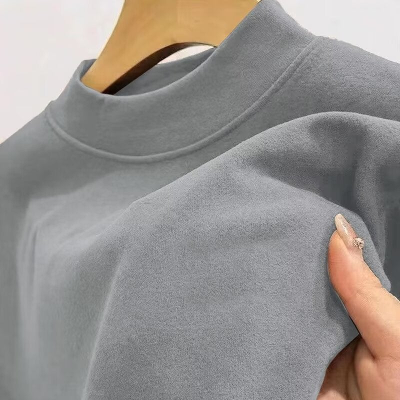 Thickened Warm Semi-high Collar Base Shirt Mens Autumn and Winter Double-sided Brushed Solid Color Fleece Long-sleeved T-shirt with Sweater Fashion Brown - Image 4