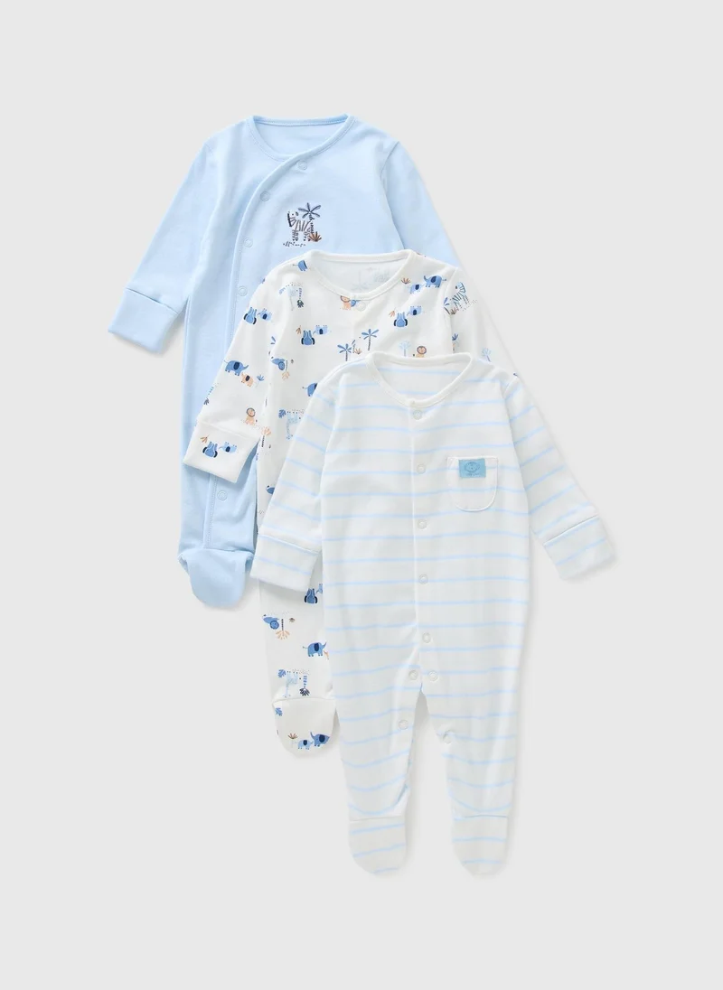 Matalan 3 Pack Baby Blue Safari Stripe Sleepsuits