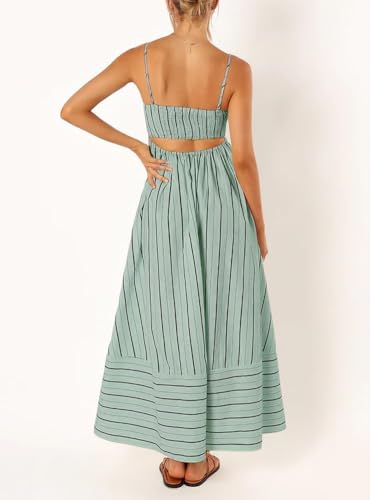 yoeasy Women's Striped Spaghetti Strap Cutout Maxi Dress Sleeveless Backless Flowy Swing Long Dress (Small, Green) - Image 4