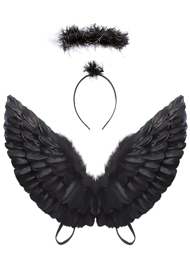 CLONG Black Wings Fallen Angel Costume Wings for Girls Devil Wings for Kids Halloween Women (Black, Medium) - Image 1