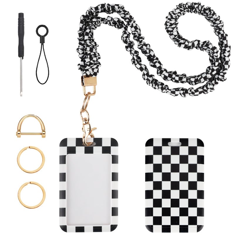 Nlicrst Scrunchie Lanyard Breakaway with ID Badge Holder - Grid Style Stretchy Lanyards with ID Badges and Key Rings Set, Ideal for Women Teachers Nurse Gifts, Work, School, Conference - Image 1