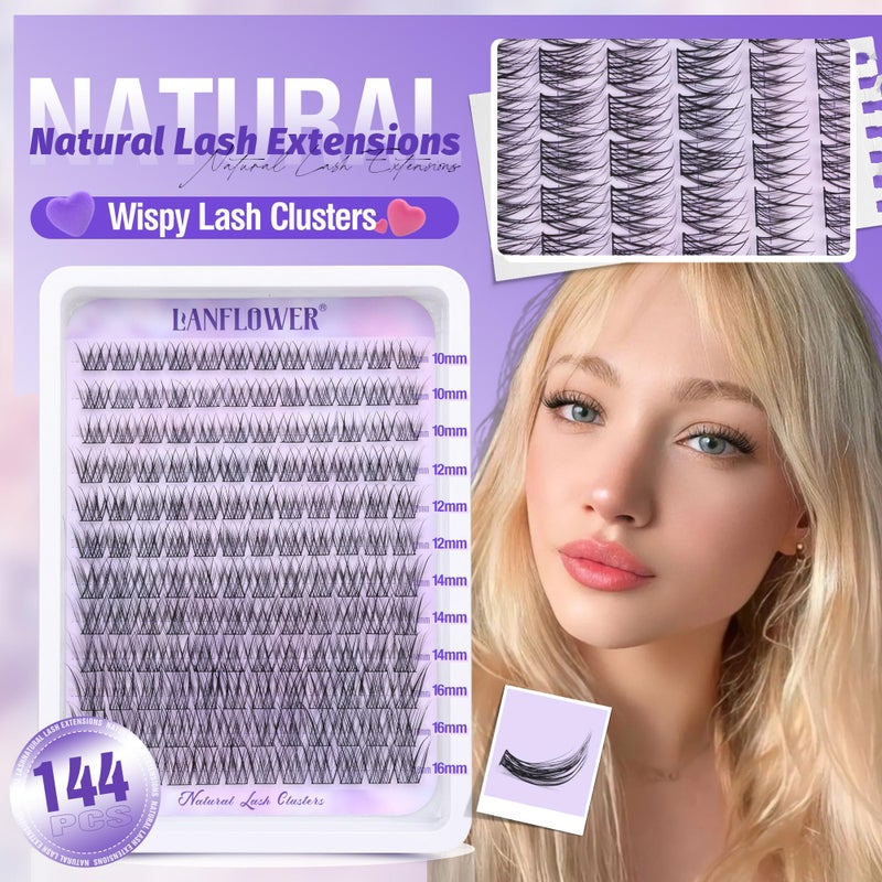 LANFLOWER Natural Lash Clusters Kit Wispy Lash Extension Kit Waterproof Lash Clusters C Curved Cluster Eyelash Extensions Kit 144pcs Individual Lashes 10-16mm Eyelash Extension Kit by Lanflower - Image 5