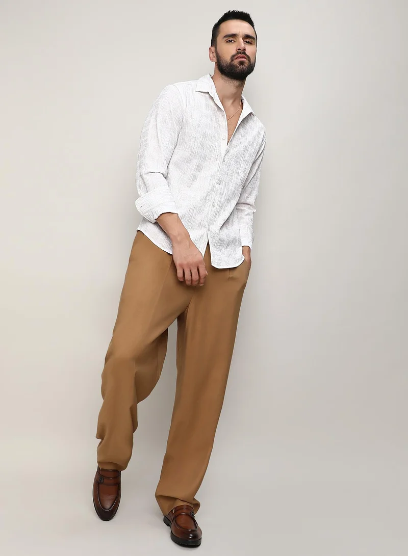 Campus Sutra Men's Ivory White Foil-Creased Shirt