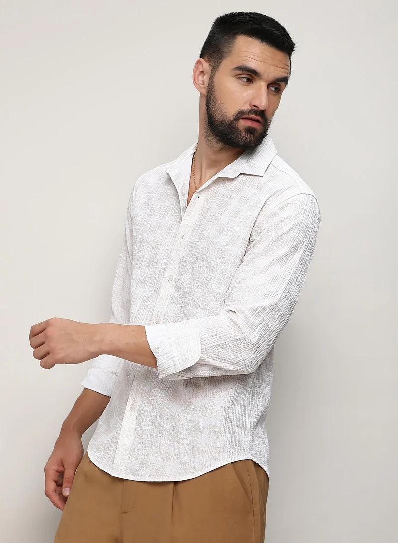 Campus Sutra Men's Ivory White Foil-Creased Shirt