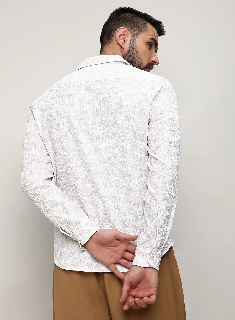 Campus Sutra Men's Ivory White Foil-Creased Shirt