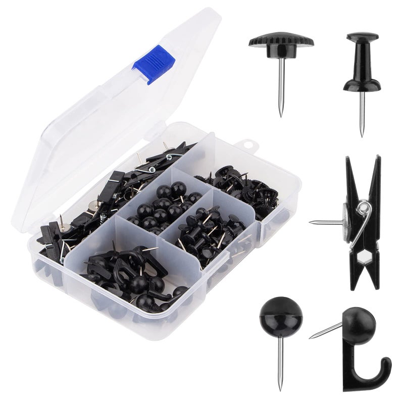 Black Push Pins Set 5 Styles 140count Thumb Tacks Map Pins Steel Point and Dark Plastic Head Pushpins Black Thumbtacks for Cork Board Bulletin Boards Black140pcs