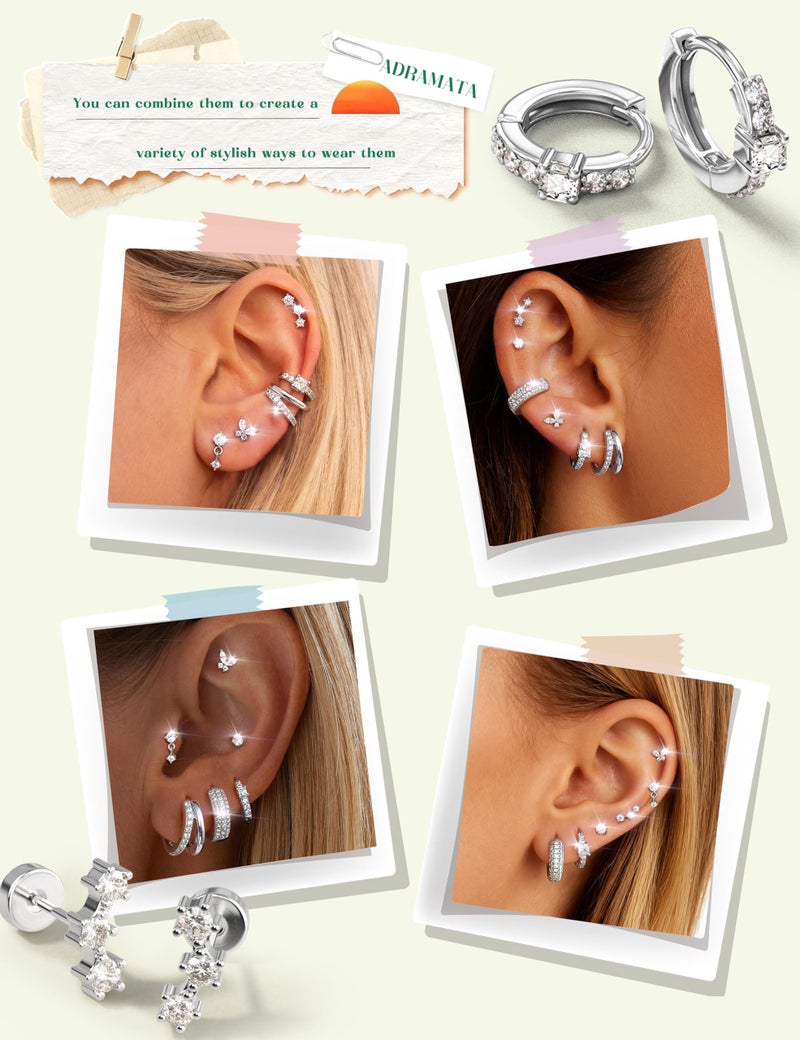 ADRAMATA Hypoallergenic Silver Hoop Earrings Stack for Women - 7Pairs Surgical Steel Small Chunky Huggie & Flat Back Stud Earrings Set Cartilage Jewelry Trendy Christmas Gifts Shiny - Image 4