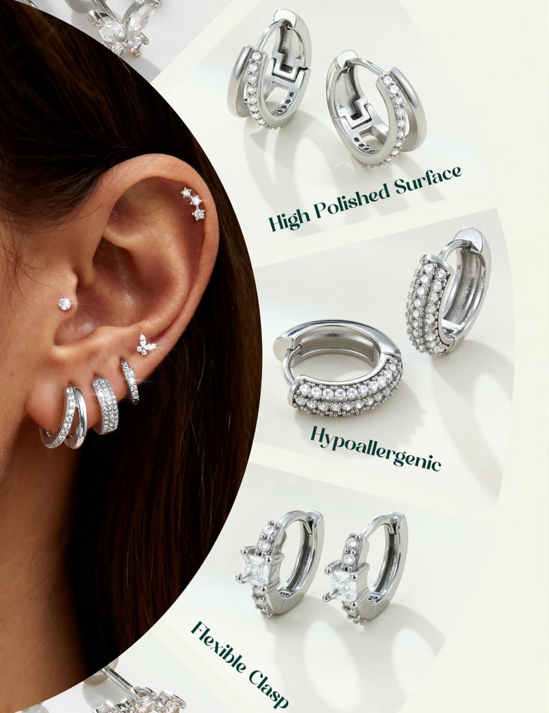 ADRAMATA Hypoallergenic Silver Hoop Earrings Stack for Women - 7Pairs Surgical Steel Small Chunky Huggie & Flat Back Stud Earrings Set Cartilage Jewelry Trendy Christmas Gifts Shiny - Image 5