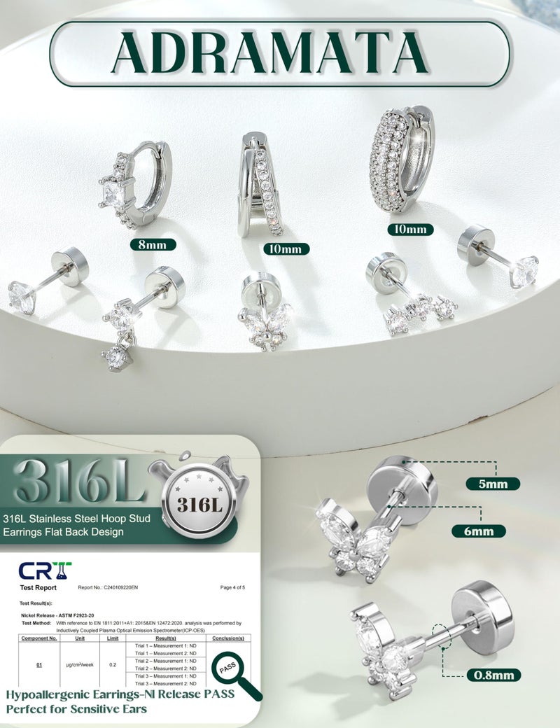 ADRAMATA Hypoallergenic Silver Hoop Earrings Stack for Women - 7Pairs Surgical Steel Small Chunky Huggie & Flat Back Stud Earrings Set Cartilage Jewelry Trendy Christmas Gifts Shiny - Image 2