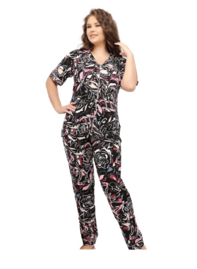 Ganna Women's short-sleeved pyjamas with buttons and summer long pants made of cotton large sizes 