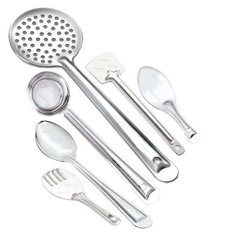 Velofeil Set of 6 Stainless Steel Kitchen Tools 235cm Panja Plain Rice Spoon 285cm Large Pan Spoon 36cm Skimmer Jhara 315 cm Laddle 305cm Turner Spatula Ideal for Cooking Serving - Image 1
